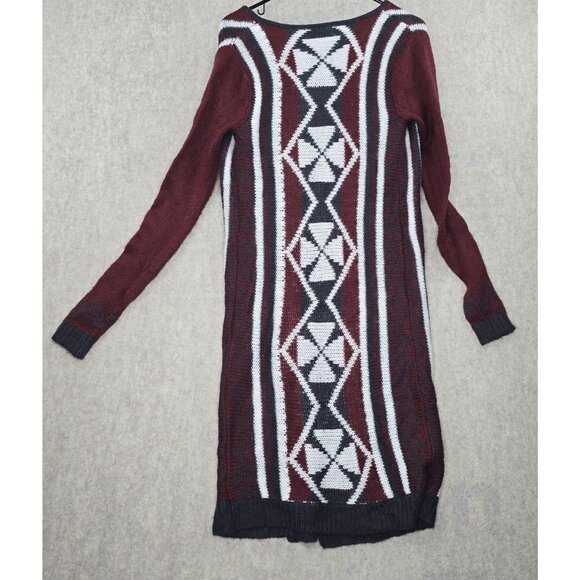Rue21 Tribal Pattern Open Front Long Cardigan Burgundy Gray Acrylic Knit X-Small - Picture 2 of 6